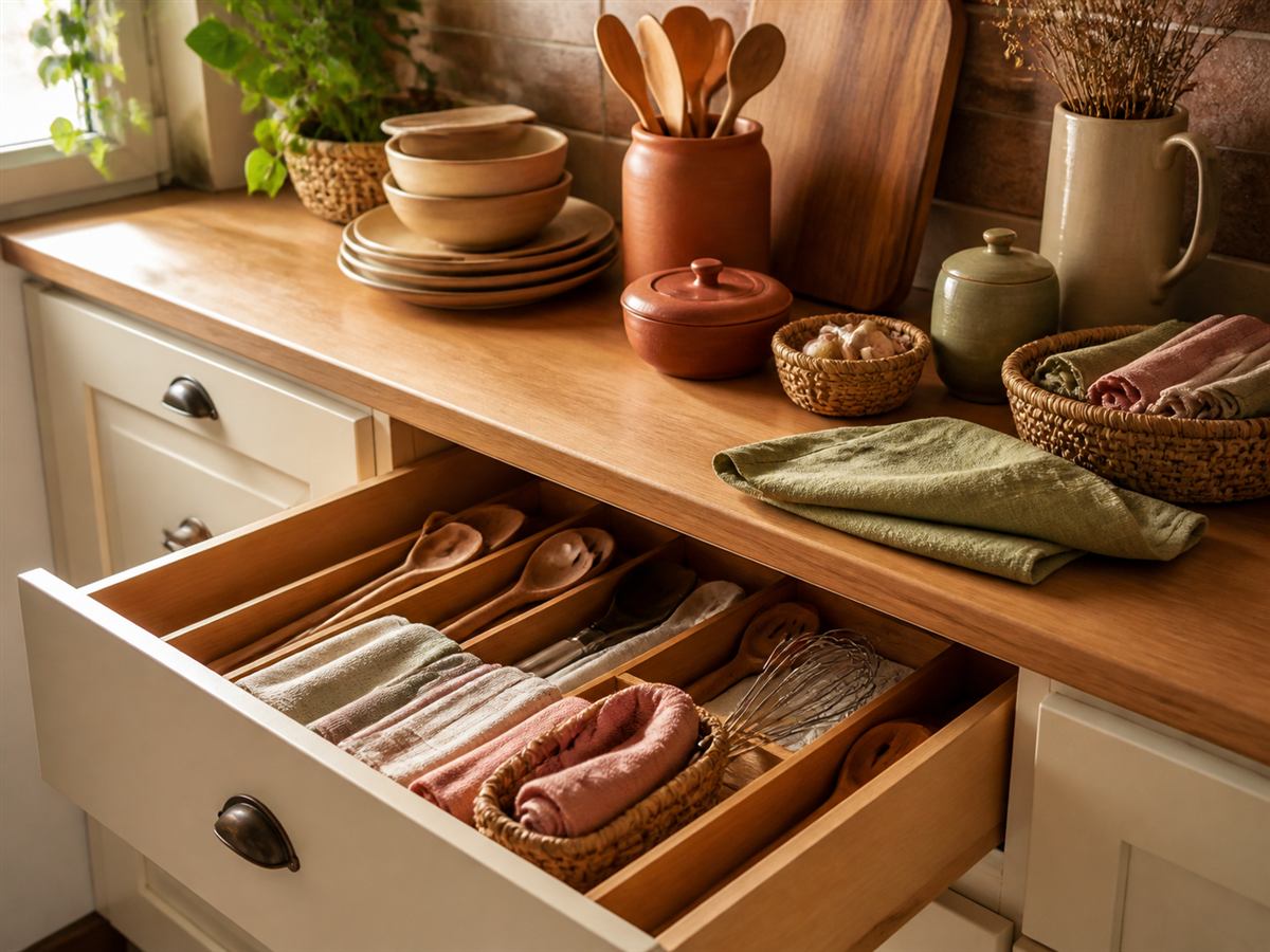 Gaveta de cozinha organizada com utensílios de madeira e panos