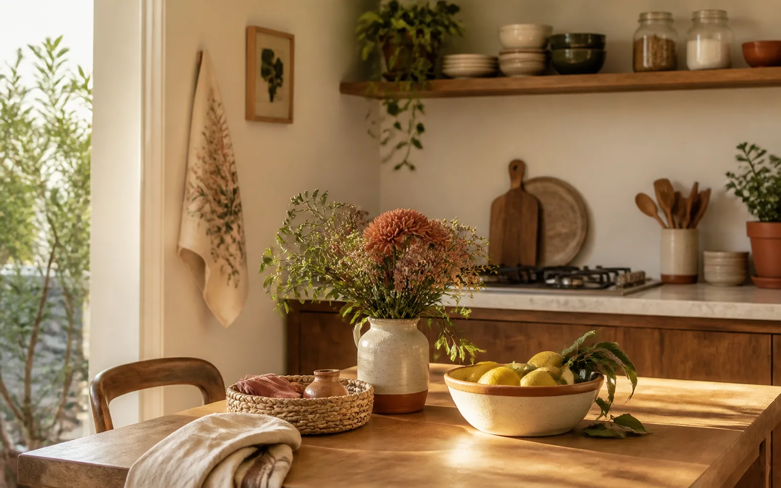 Cozinha acolhedora iluminada pelo sol, com mesa de madeira, flores e utensílios